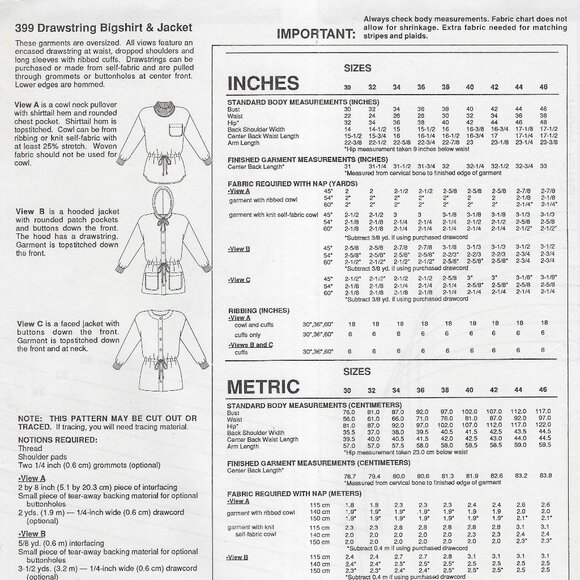 Stretch & Sew Pattern 399 Women's Drawstring Big Shirt and Jacket - UNCUT - Picture 3 of 6